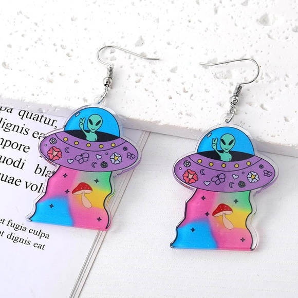 Colorful Alien UFO Acrylic Earrings – Halloween Weirdcore Space Jewelry - Picture 11 of 13